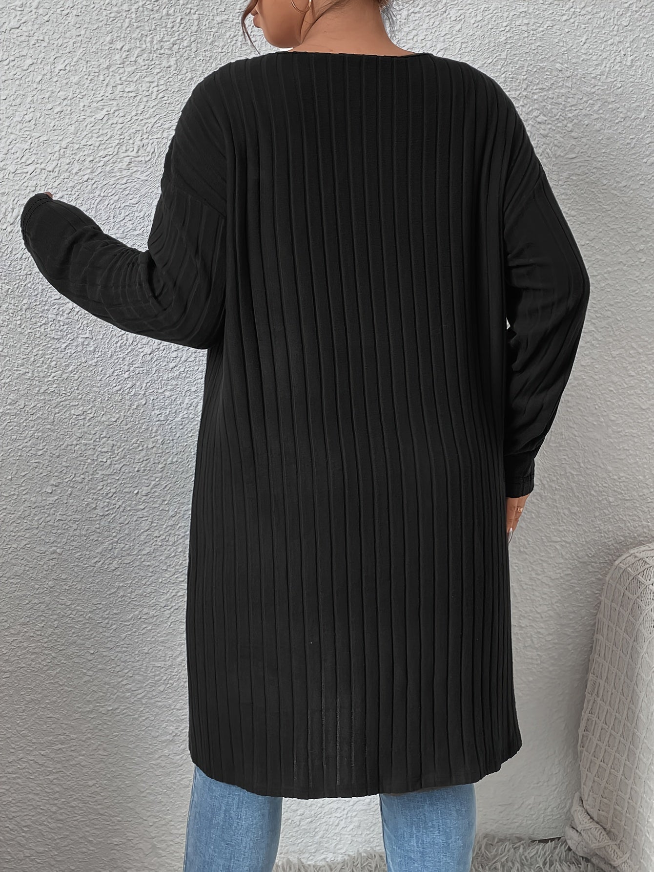  Solid Ribbed Open Front Cardigan With Pockets