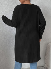  Solid Ribbed Open Front Cardigan With Pockets