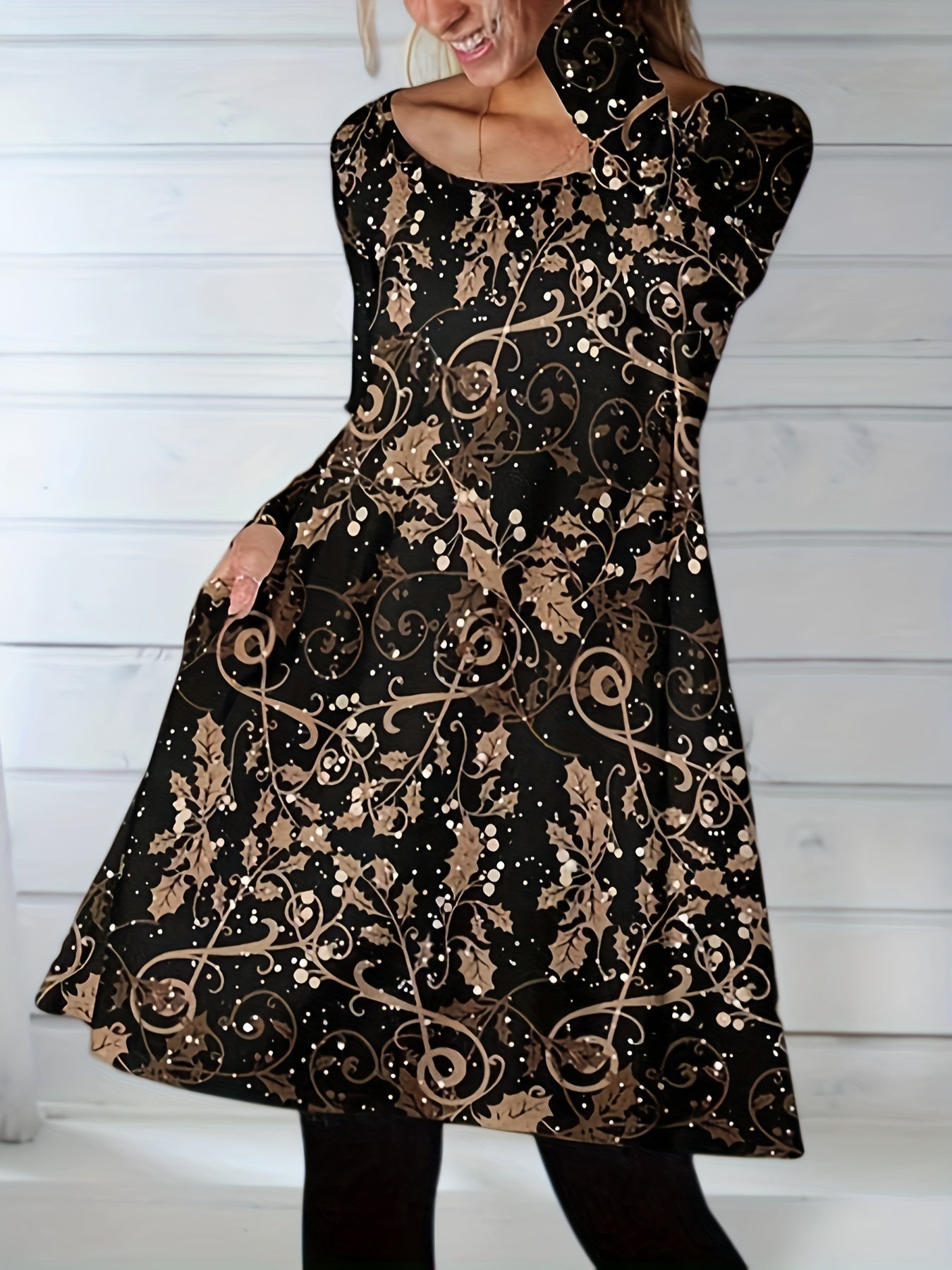  Leaf Print Long Sleeve Maxi Dress With Pockets