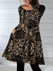  Leaf Print Long Sleeve Maxi Dress With Pockets
