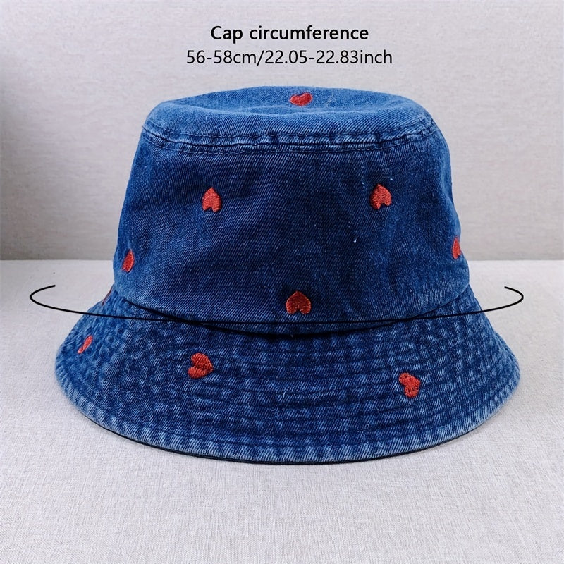 Heart Embroidery Bucket Hat Women Sunshade Fisherman Cap