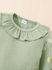 Girls Flower Print Ruffle Neck Pullover Top & Pants 2pcs Set
