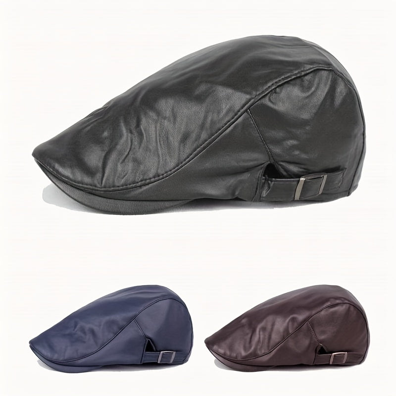 Retro PU Leather Adjustable Beret Duckbill Cap Solid Sun Hats Unisex