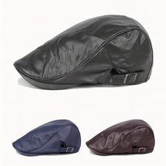 Retro PU Leather Adjustable Beret Duckbill Cap Solid Sun Hats Unisex