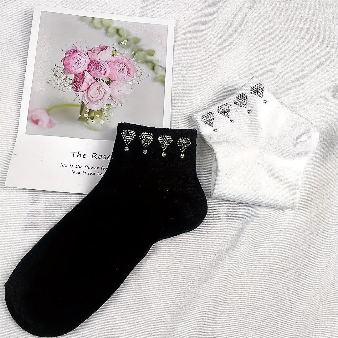 5 Pairs Heart Rhinestone Crew Socks Women's Stockings