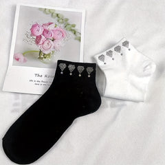 5 Pairs Heart Rhinestone Crew Socks Women's Stockings
