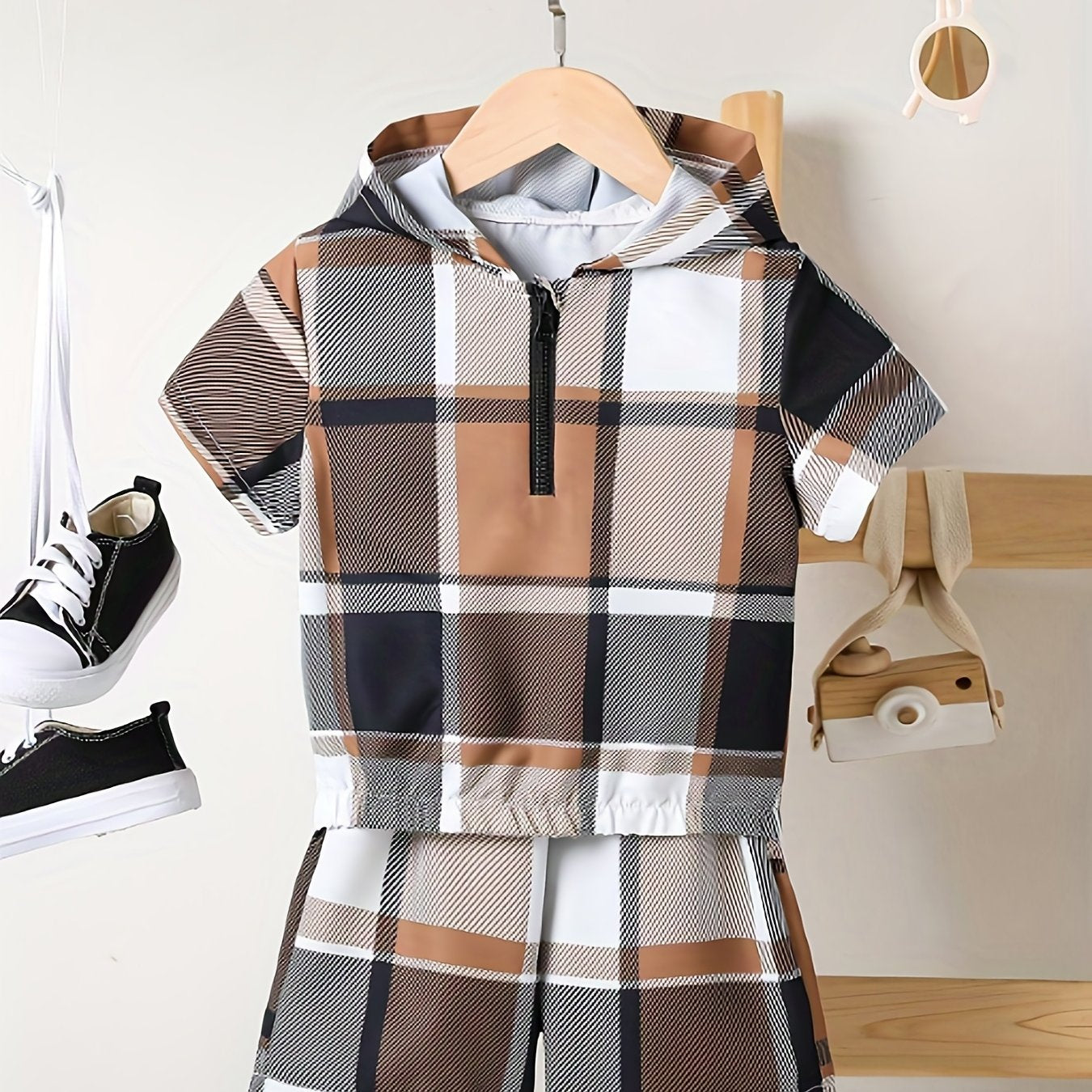 Boys Hooded Plaid T Shirt & Sport Shorts Set for Summer