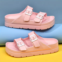 Women's Platform Footbed Sandals Double Buckle Slides Thick Bottom Slippers