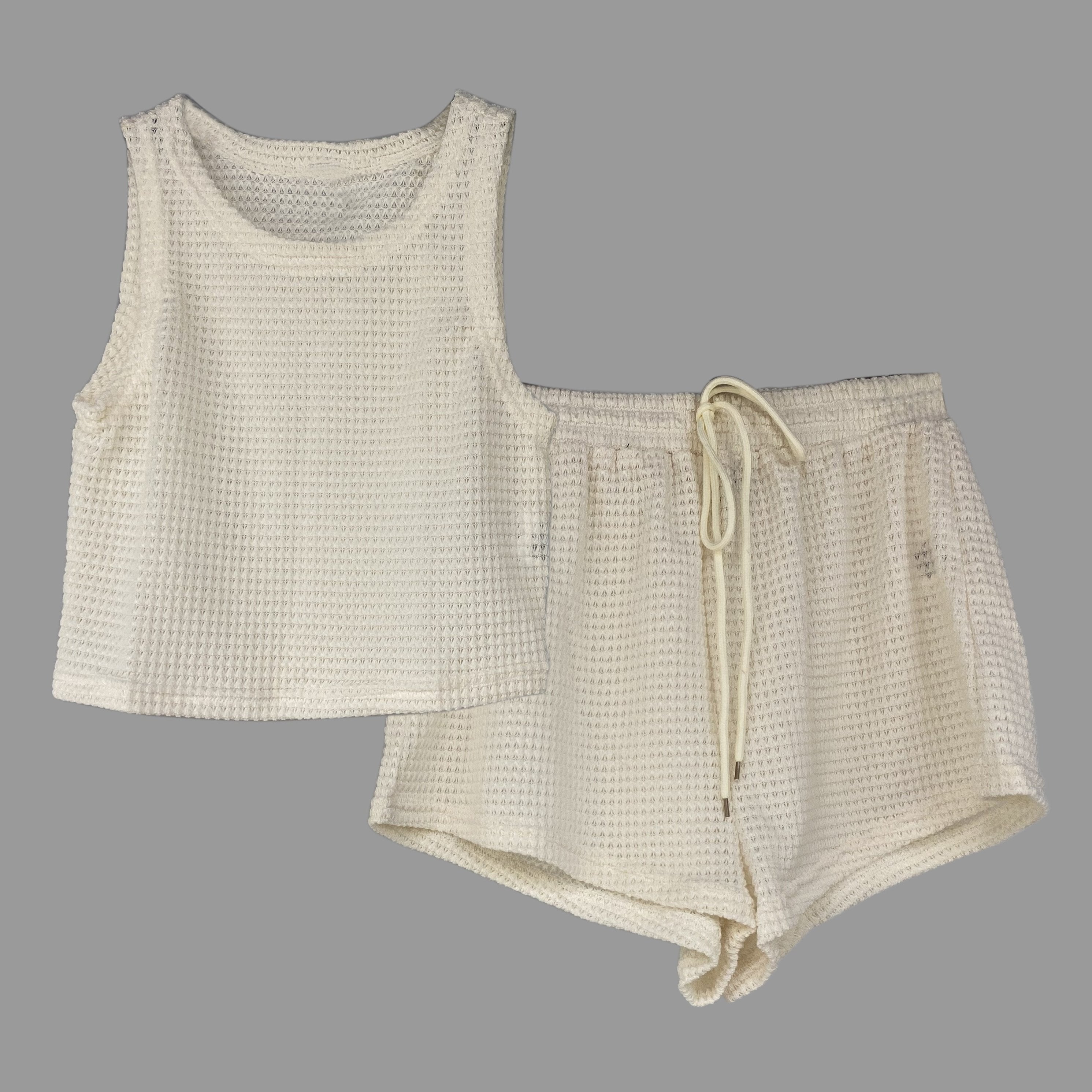Waffle Two Piece Set Crew Neck Sleeveless Tank Top & Drawstring Shorts