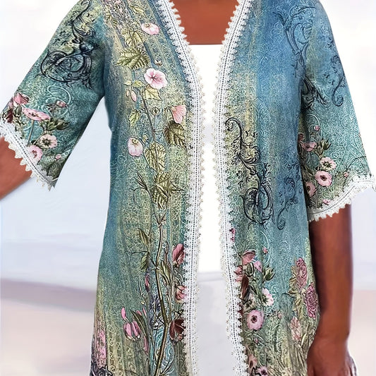  Floral Print Lace Trim Cardigan