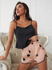 Women's Satin Pajama Set: Solid Cami Tops & Polka Dot Print Shorts