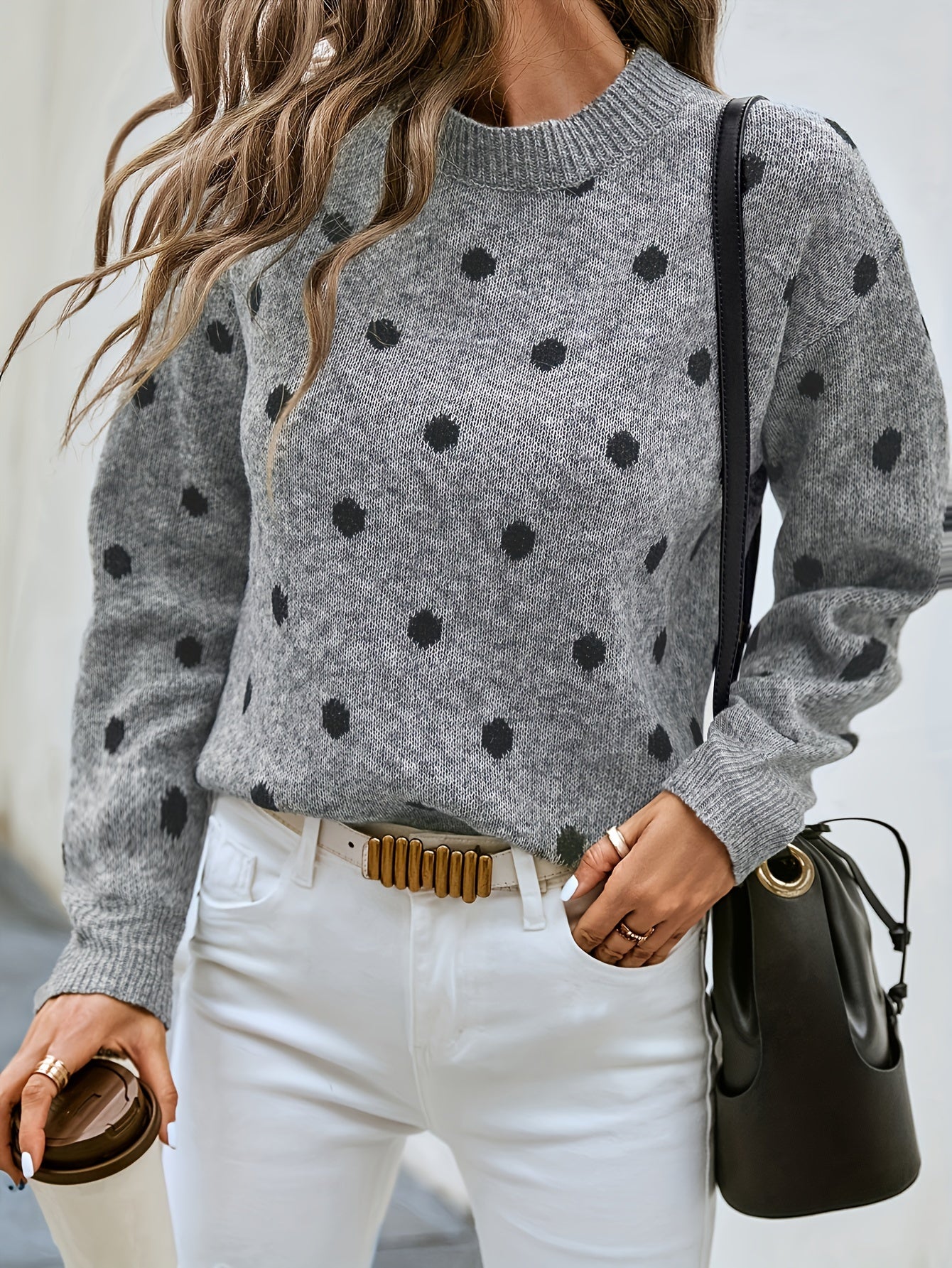  Dot Print Long Sleeve Sweater Round Neck Jumper