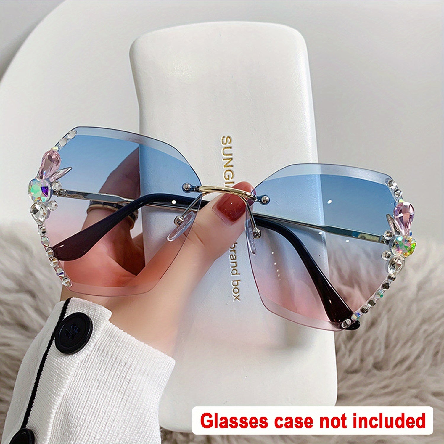 Rhinestone Rimless Sunglasses UV400 Gradient Glasses