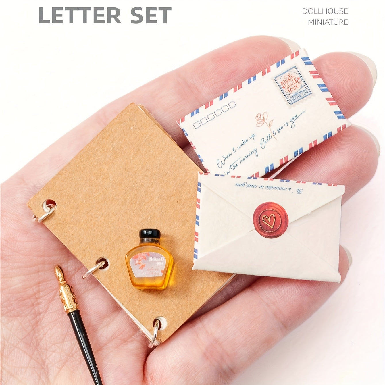 1:6 Dollhouse Retro Letter Set Fountain Pen Ink Notebook Envelope