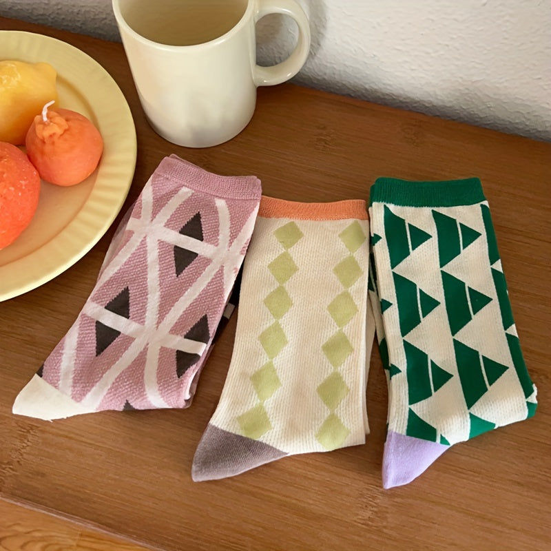 3 Pairs Geometric Print Socks Mid Tube Stockings Breathable Women's Hosiery