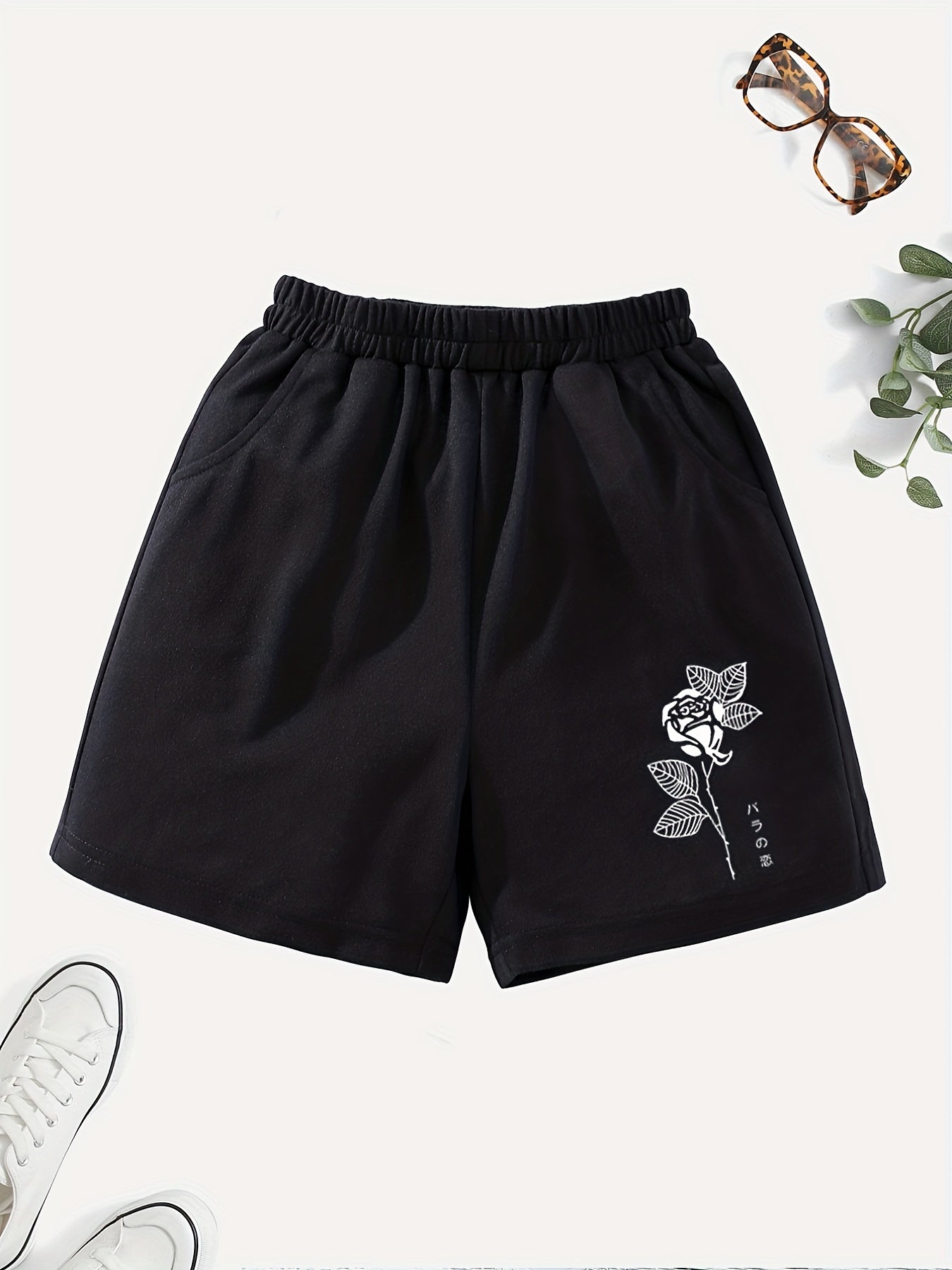 Girls' Rose & Anime Graphic Casual Shorts with Pockets