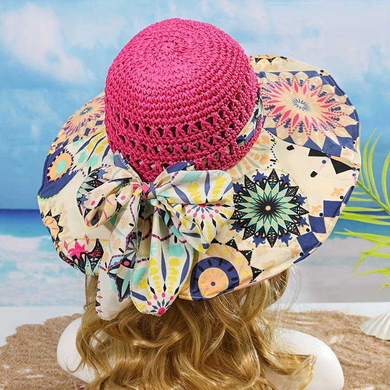 Boho Print Stitching Sun Hat Wide Brim Vintage Crochet Straw Hat