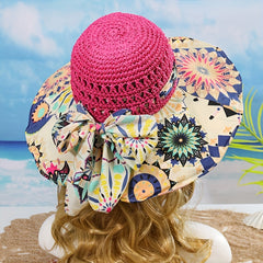 Boho Print Stitching Sun Hat Wide Brim Vintage Crochet Straw Hat