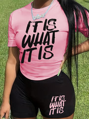  Slogan Print Top & Shorts Set