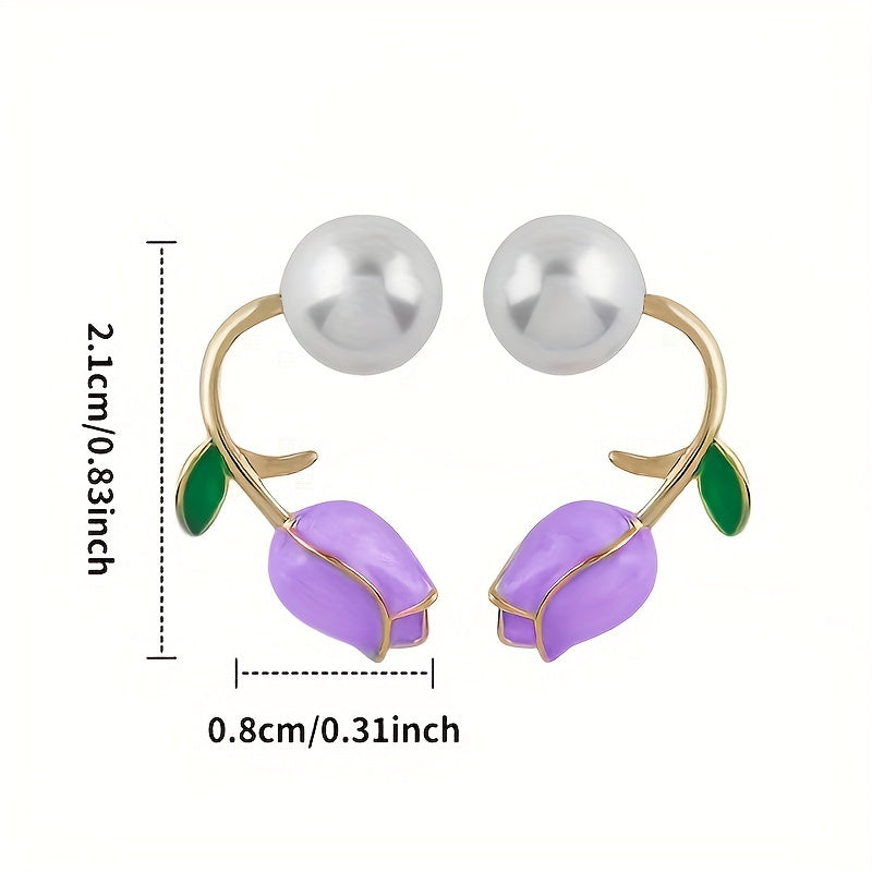 Purple Tulip Flower Pearl Stud Earrings