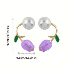 Purple Tulip Flower Pearl Stud Earrings