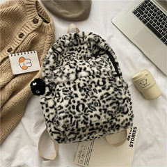 Plush Leopard Pattern Backpack Y2K Girls Student School Bag Fluffy Daypack