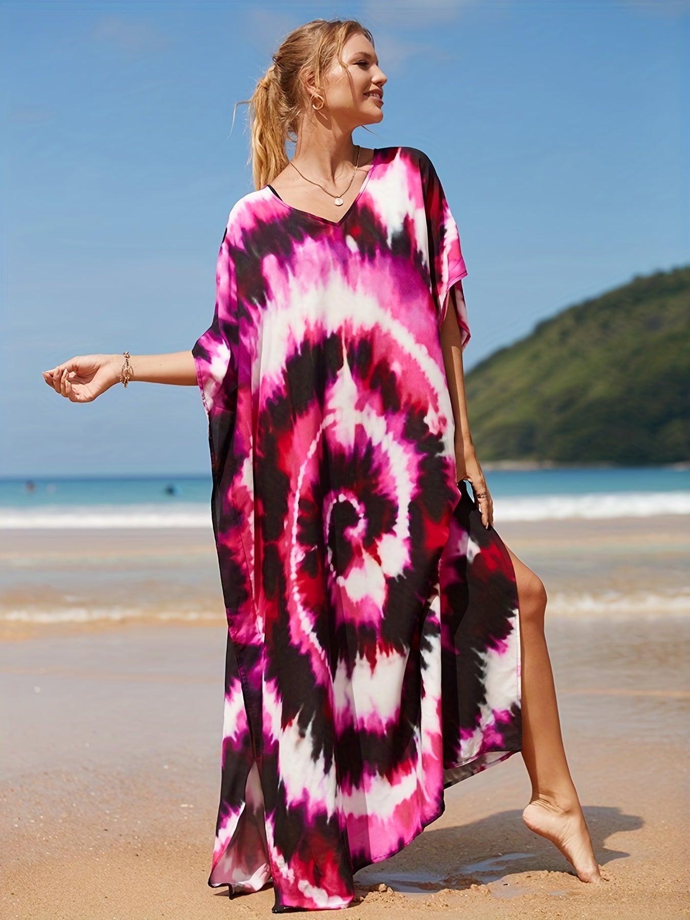  Boho Cover Up Dress Women's Tie Dye Bat Sleeve V Neck Stretch
