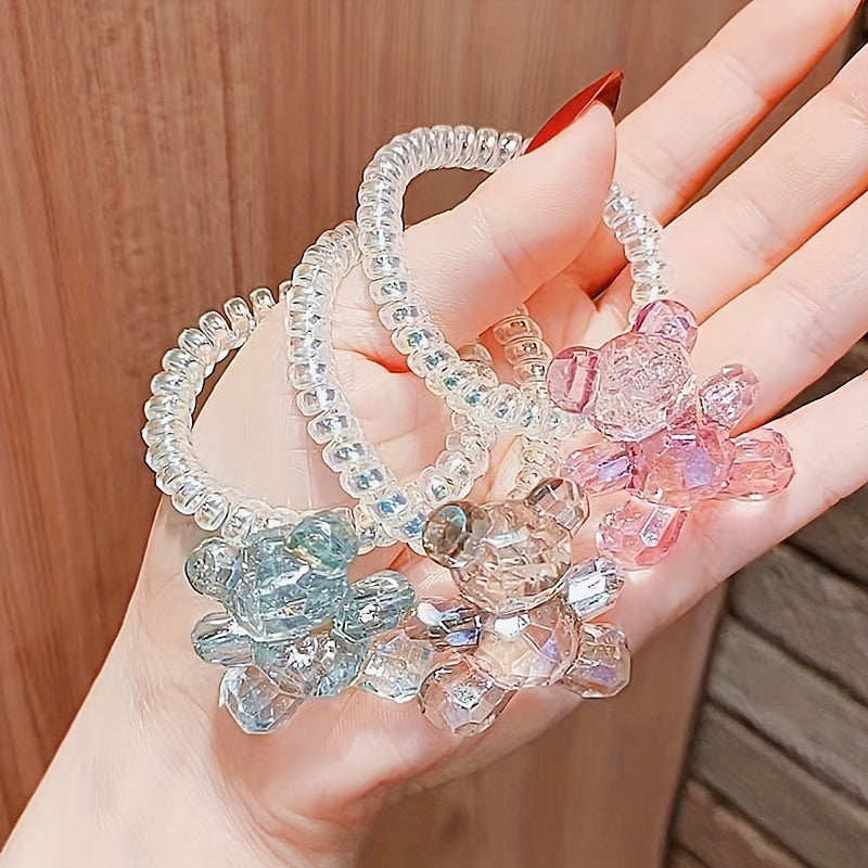 Crystal Bear Decor Spiral Hair Tie Holographic Hair Rope Elastic Ponytail Holder