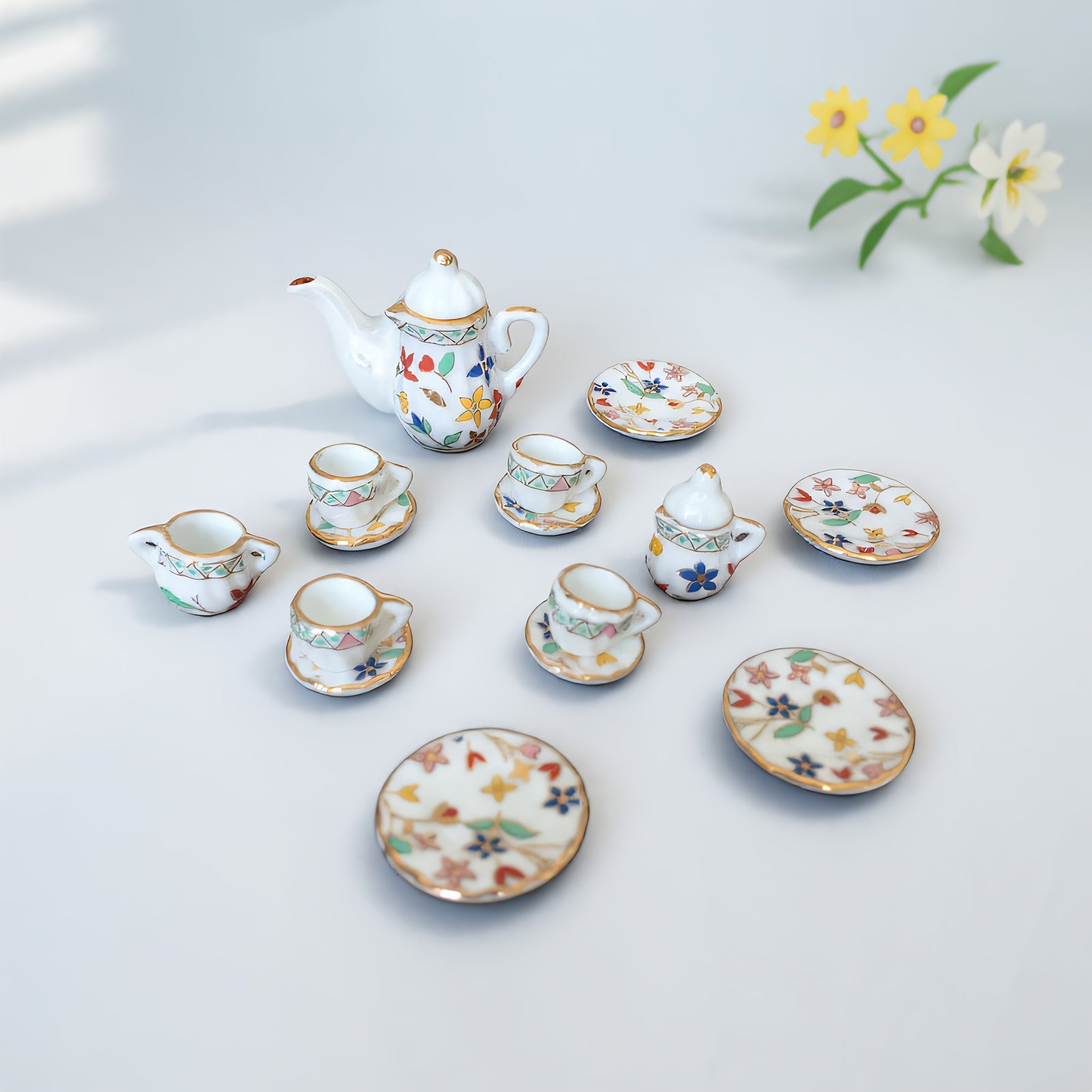 Miniature Tea Set for Dollhouse Decor, Tiny Cups & Teapot, Garden Scenes