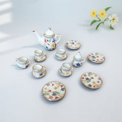 Miniature Tea Set for Dollhouse Decor, Tiny Cups & Teapot, Garden Scenes