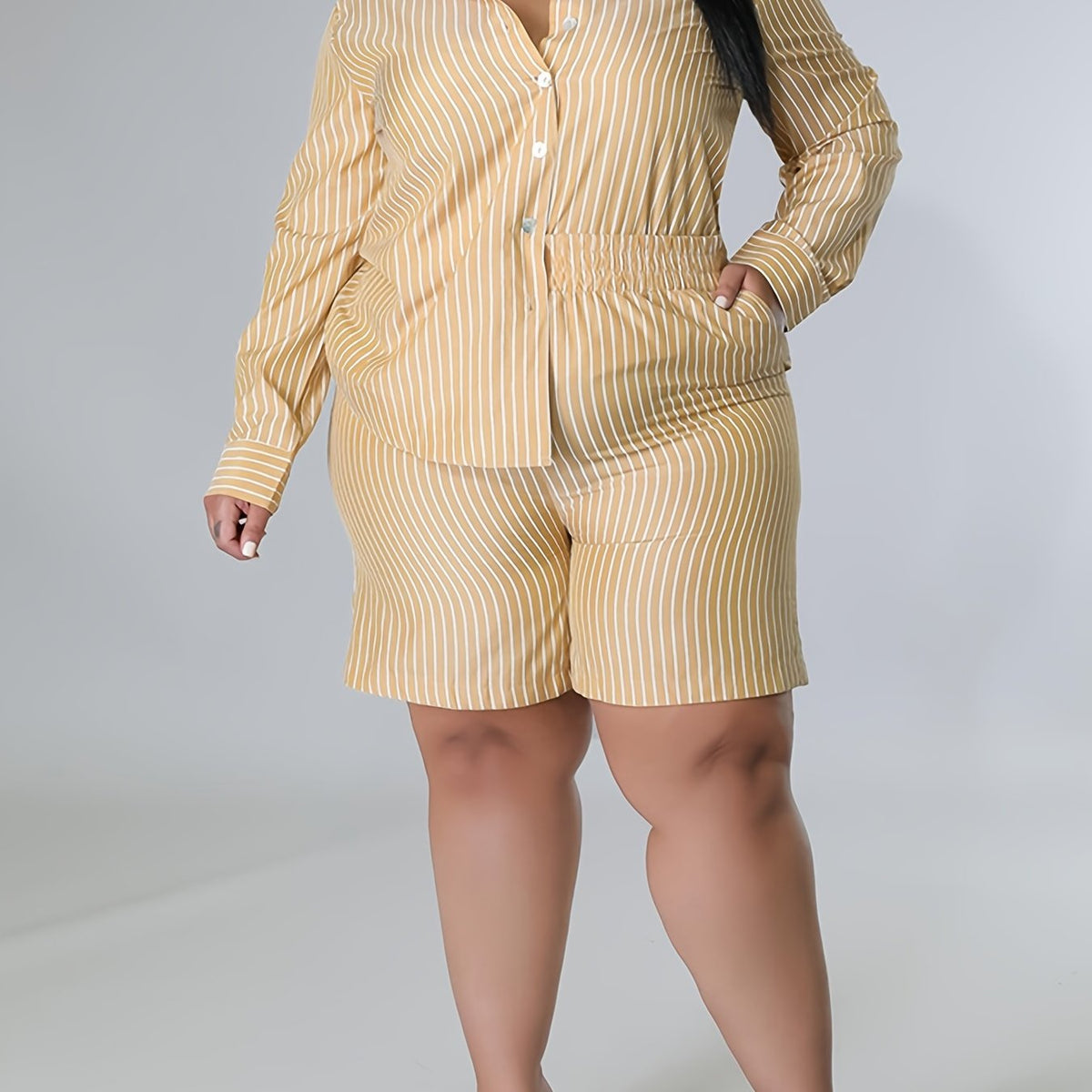  Striped Long Sleeve Shirt & Shorts Set Women's Plus Casual Outfits