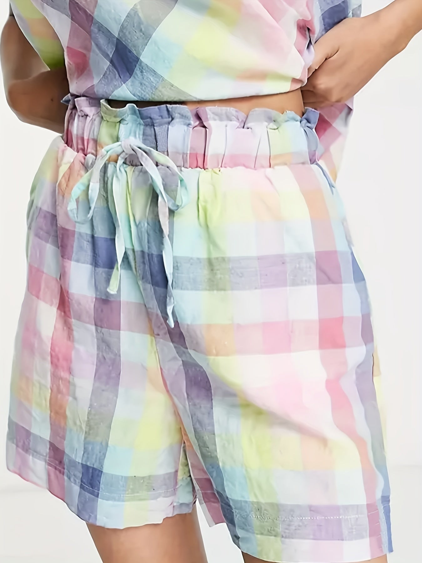 Plaid Ruffle Trim Drawstring Shorts for Women
