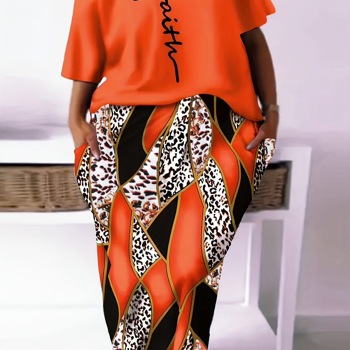  Cross Print Top & Leopard Print Skirt Set