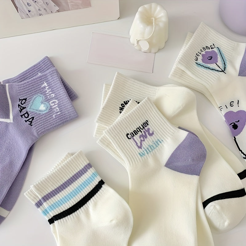 5 Pairs Floral & Heart Print Socks Women's Stockings