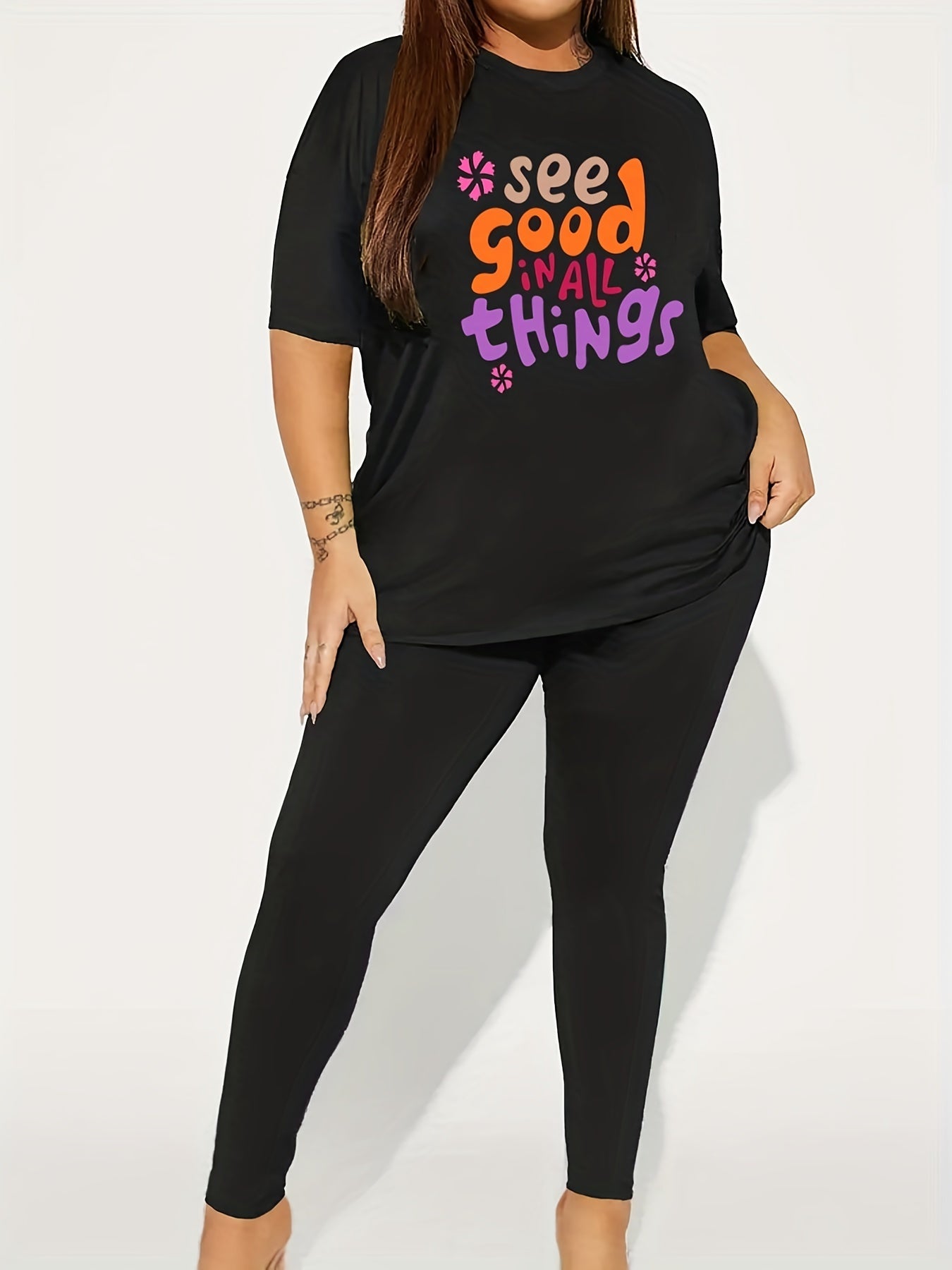  Floral & Slogan Print Tee & Leggings Set