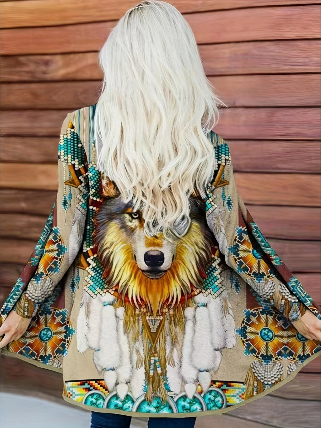 Wolf Print Open Front Cardigan Long Sleeve Outwear