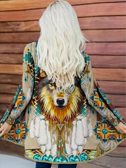Wolf Print Open Front Cardigan Long Sleeve Outwear