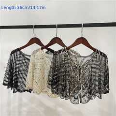 Sequin Embroidery Lace Shawl Sparkly Cape Breathable Mesh Short Cardigan