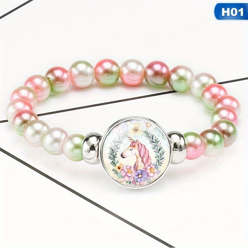 12 Rainbow Unicorn Glass Beads Bracelets for Girls Party