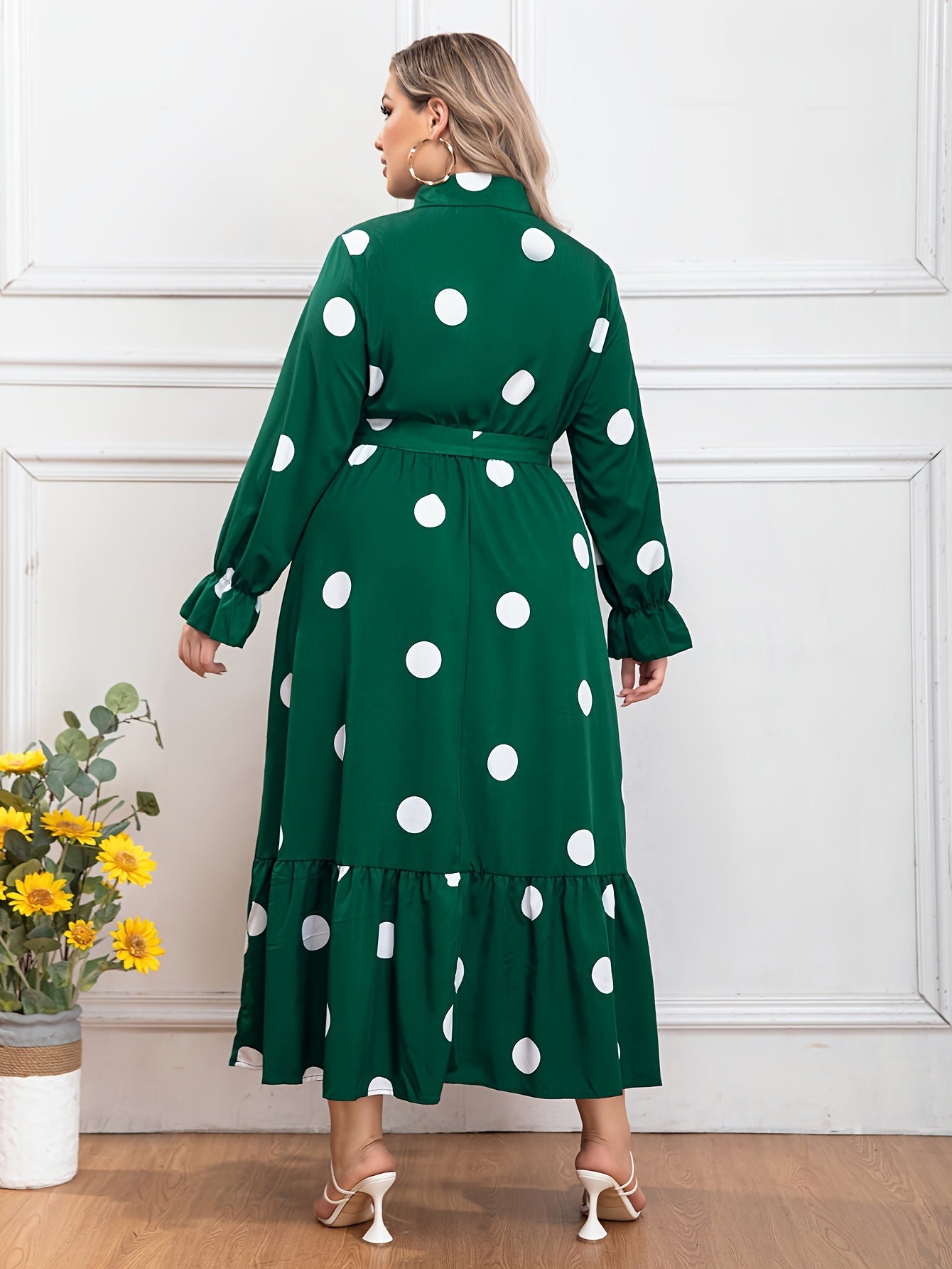  Dot Print Long Sleeve Maxi Shirt Dress