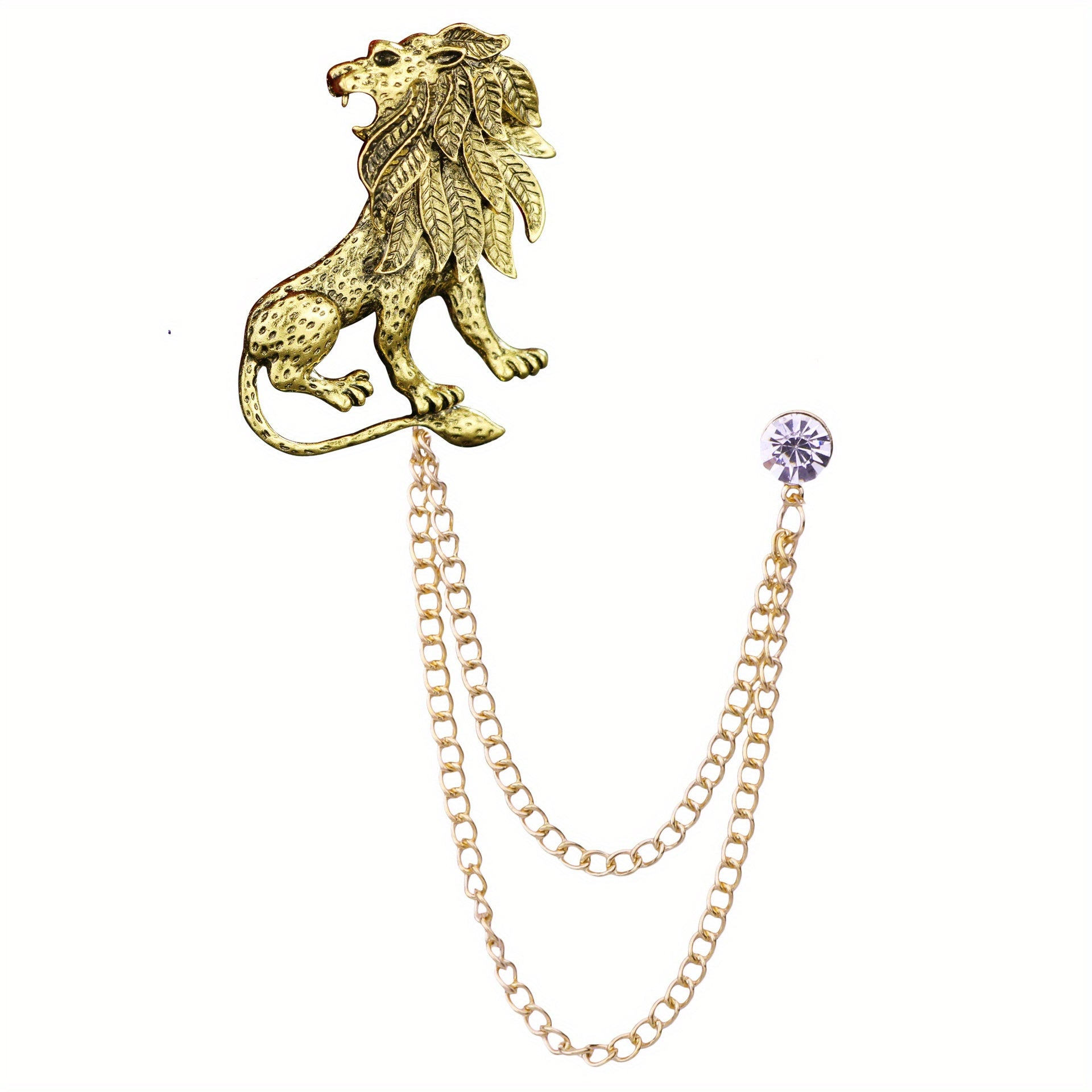 Vintage Animal Lion Brooch Chain Tassel Business Suit Pin
