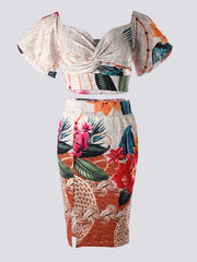 Boho Floral Print Two piece Set Off Shoulder Crop Top & Split Skirt