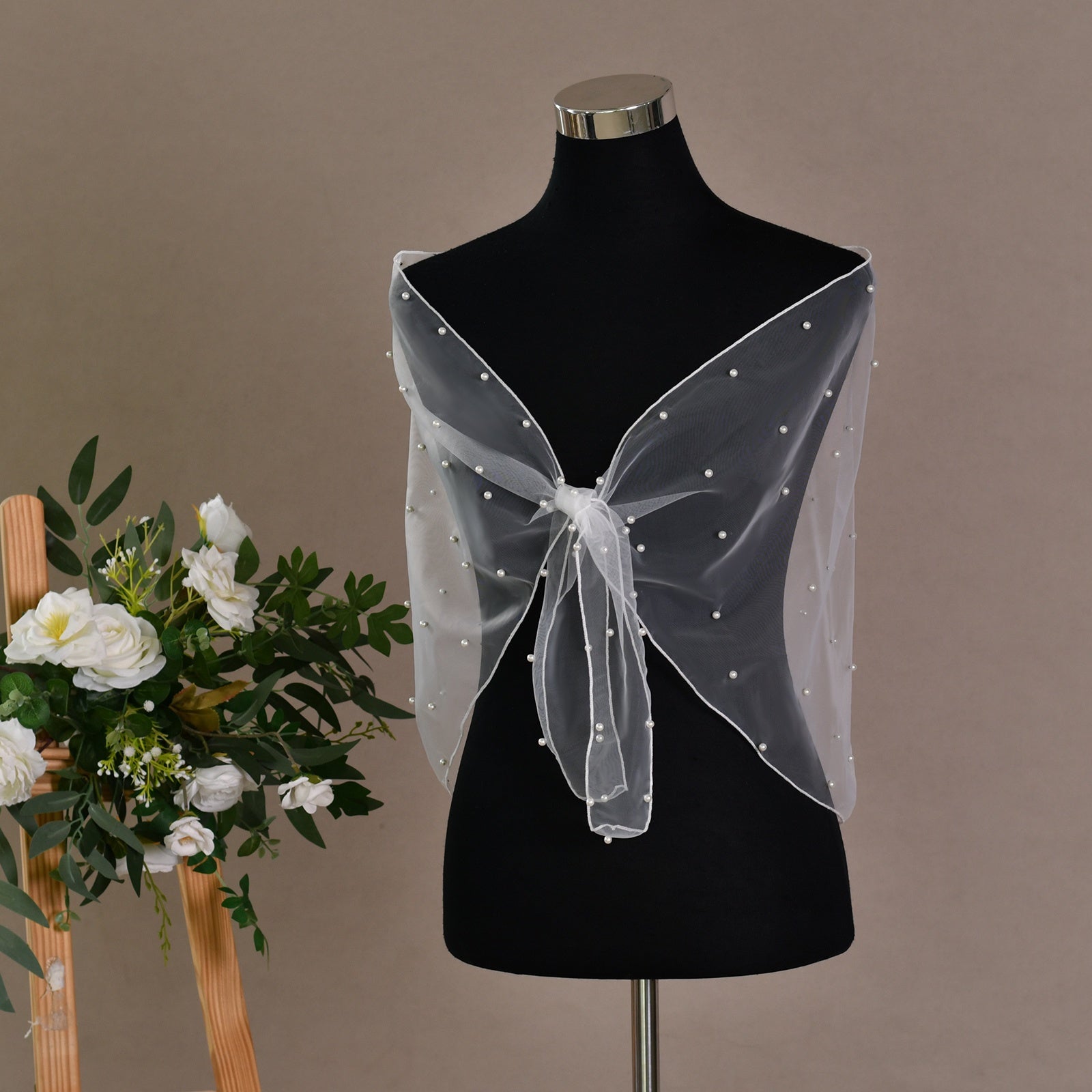 Short Bridal Cape with Pearl Mesh Overlay for Bridesmaids