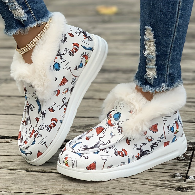 Cartoon Pattern Plush Lined Thermal Furry Snow Boots