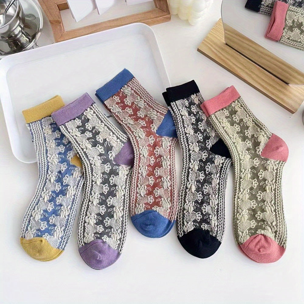 5 Pairs Floral Print Socks Retro Style Colorblock Stockings
