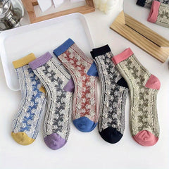 5 Pairs Floral Print Socks Retro Style Colorblock Stockings
