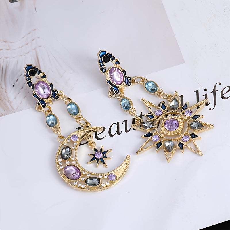 Sun Moon Stars Drop Earrings Rhinestone Punk Earrings For Women