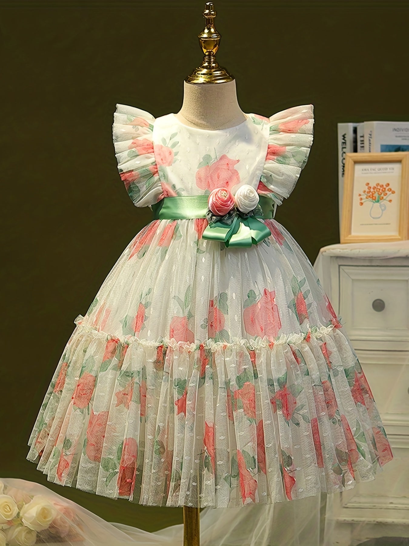 Girls' Romantic Rose Dress Mesh Princess Dress With Flutter Sleeve