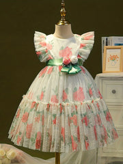 Girls' Romantic Rose Dress Mesh Princess Dress With Flutter Sleeve
