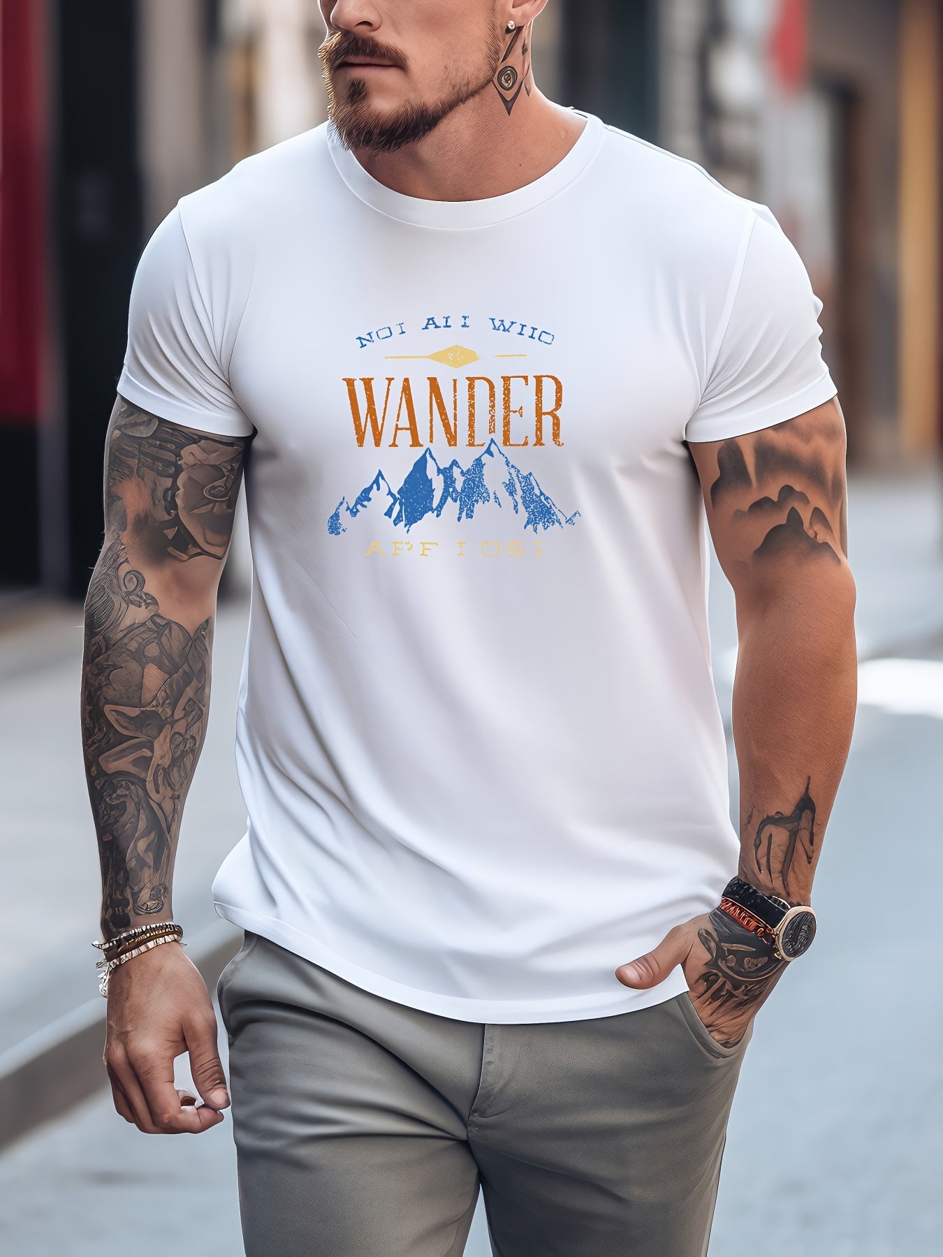 Retro Mountain Motorcycle Print Men's Graphic Crew Neck Tee